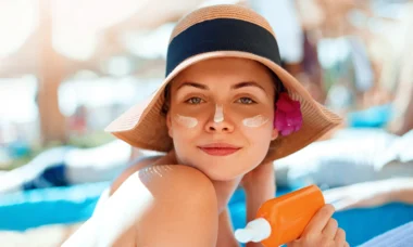 mujer tomando el sol con fotoprotector