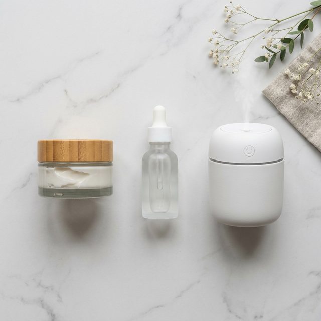 Productos de cuidado de piel: crema hidratante, serum y humidificador