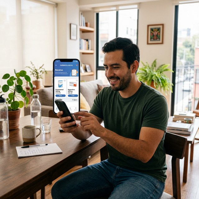 Hombre mexicano comprando medicamentos desde su smartphone en casa