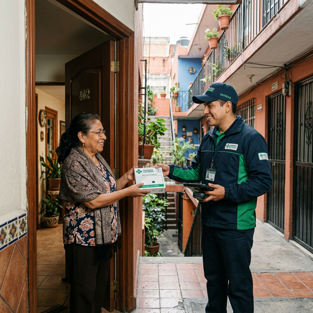 Repartidor entregando pedido de farmacia en domicilio